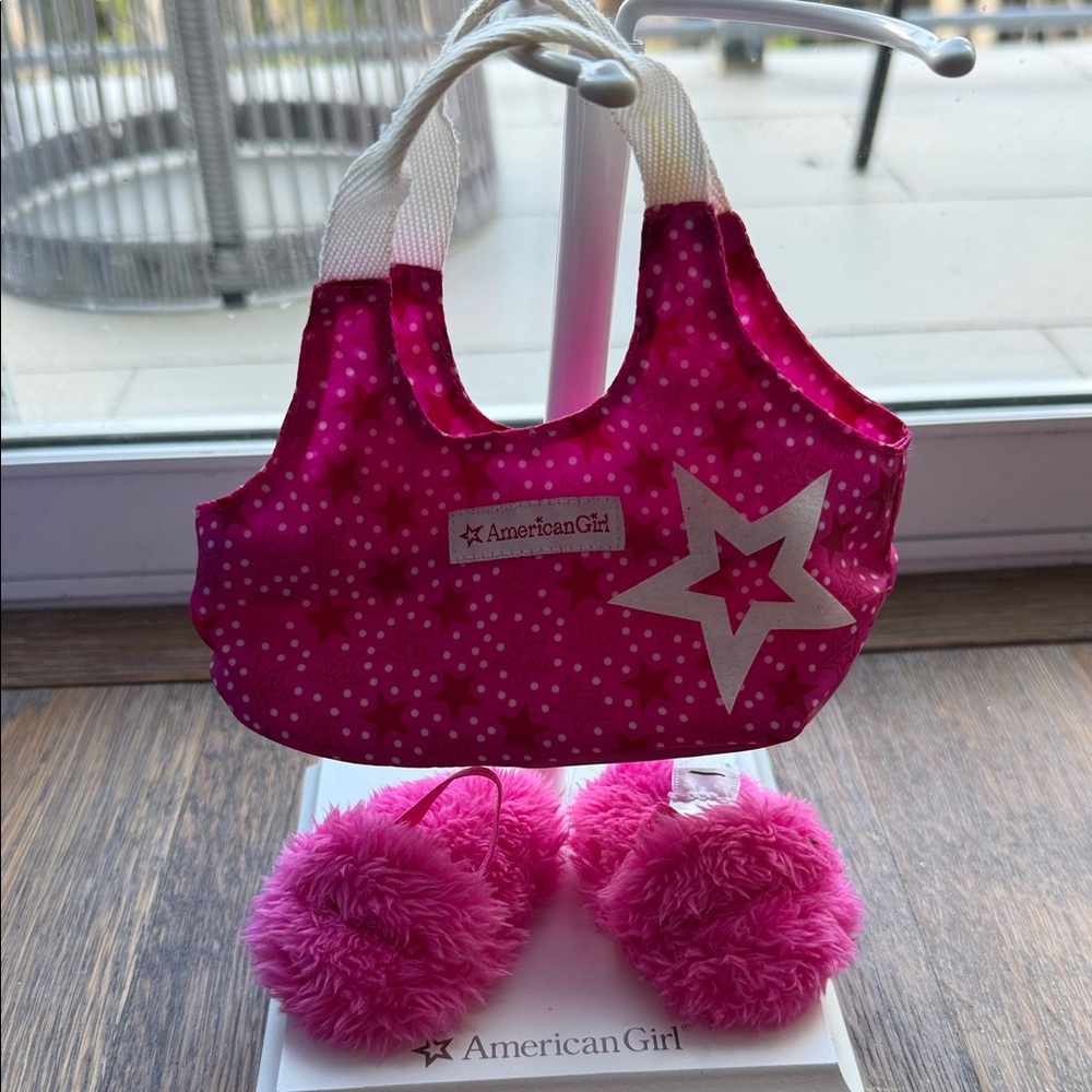 American Girl Hot Pink Star Polka Dot Tote Bag and slippers